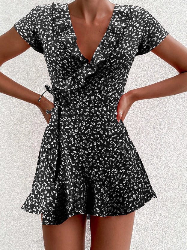 Flower V Neck Ruffled Lace Up Dress