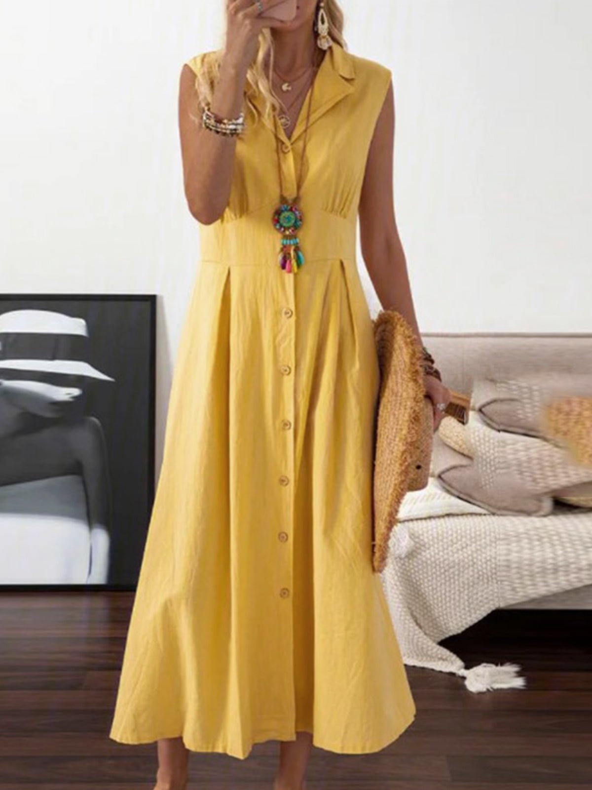 Lapel Retro Button Sleeveless Dress