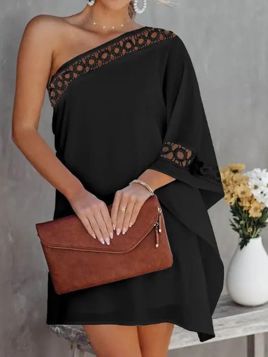 Solid Loose One Shoulder Lace Panel Dress