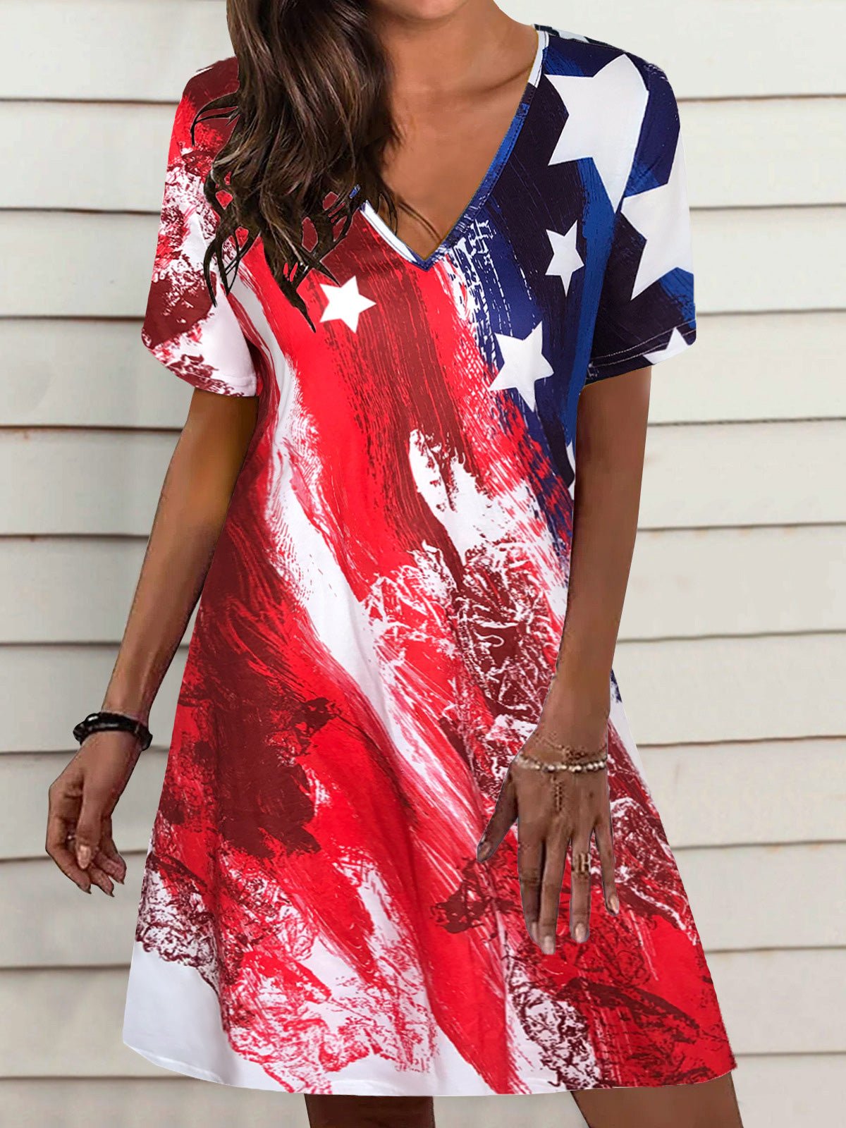 Star Loose Stripe V Neck Short Sleeve Dress