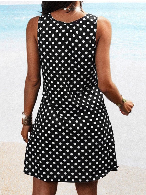 Dot Polka Print Crew Neck Sleeveless Dress