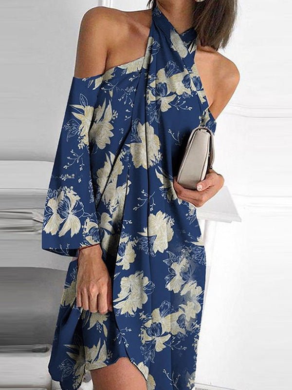 Halter Printed Off Shoulder Irregular Dress