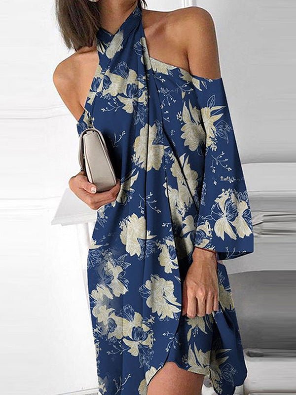 Halter Printed Off Shoulder Irregular Dress