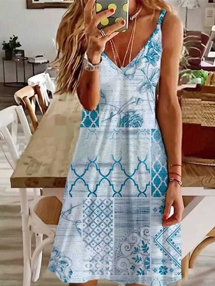 Sling Printed V Neck Sleeveless Dress