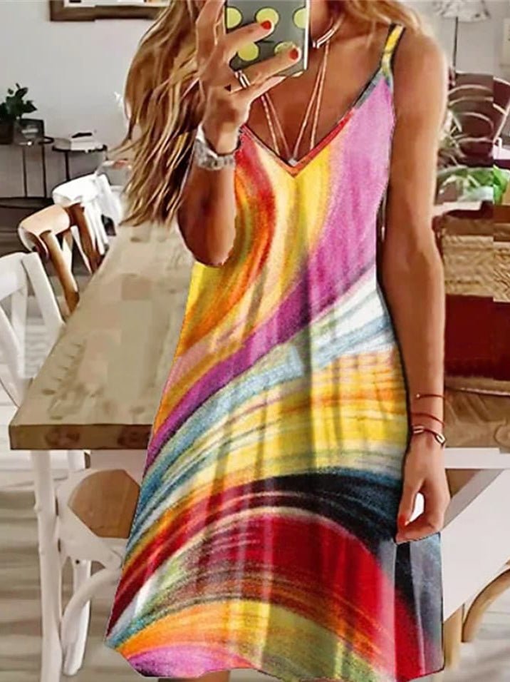 Sling Printed V Neck Sleeveless Dress