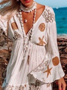 V Printed Neck Fringed Long Sleeve Dress