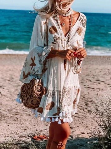 V Printed Neck Fringed Long Sleeve Dress