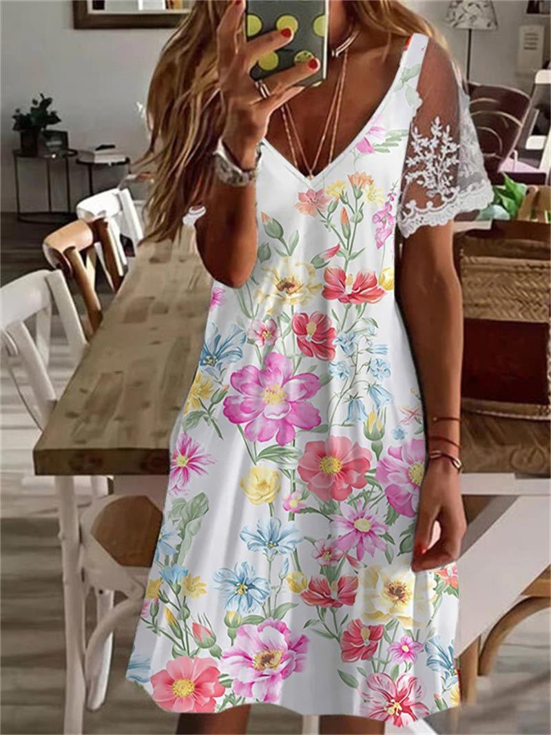 V Printed Neck Lace Sleeve Dress