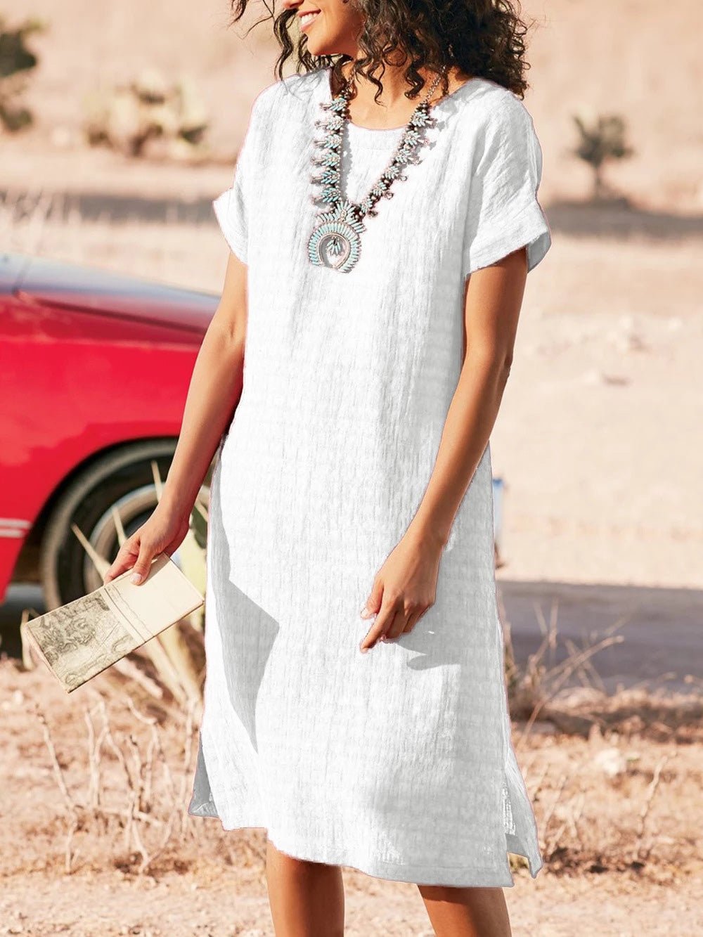 Neck Round Short Sleeve Slit Dress