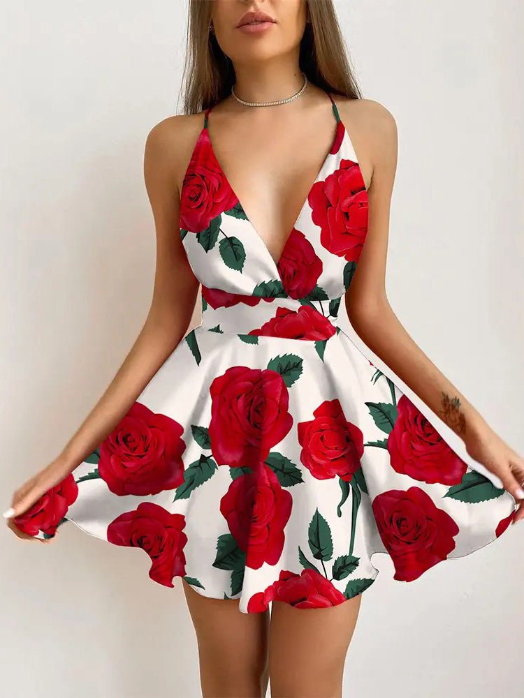 V Sling Neck Print Sleeveless Mini Dress