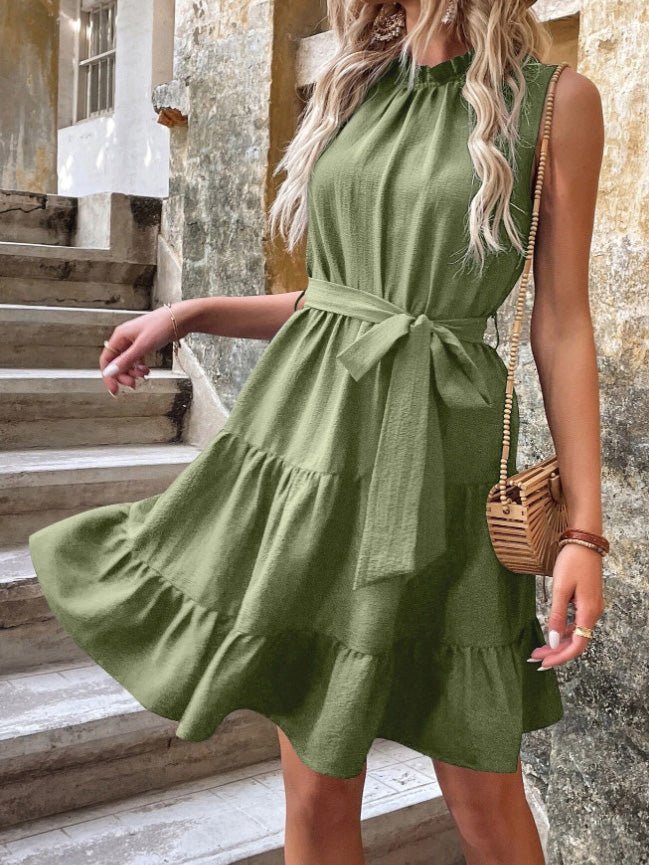 Tie Solid Ruffle Sleeveless Dress