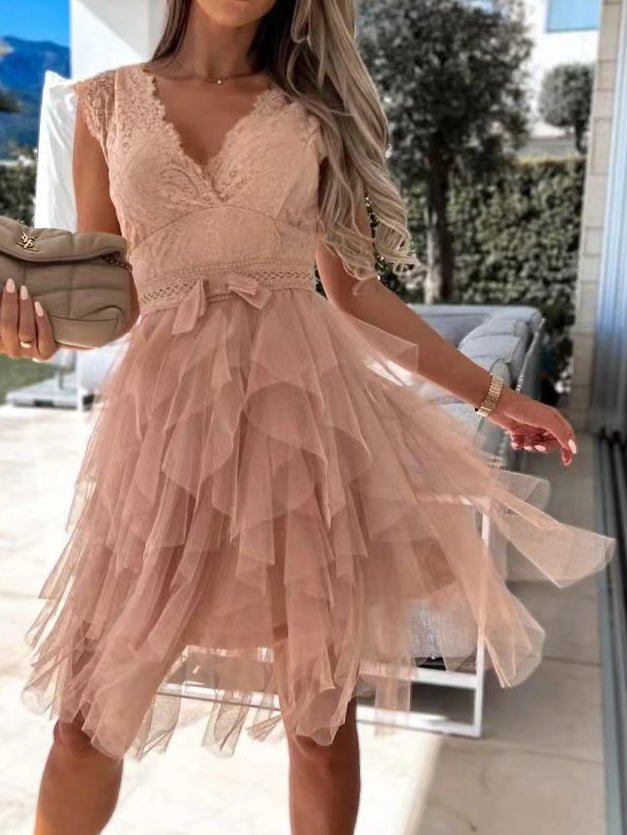 Neck V Lace Mesh Irregular Dress