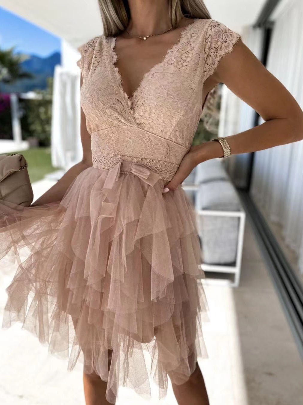 Neck V Lace Mesh Irregular Dress