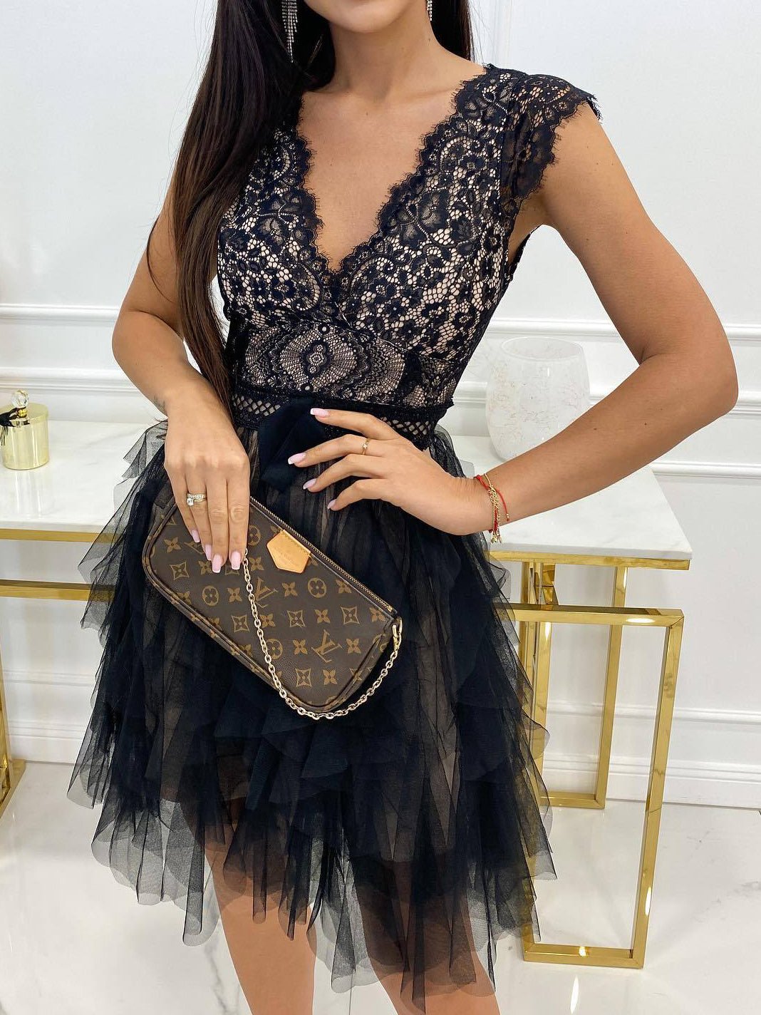 Neck V Lace Mesh Irregular Dress