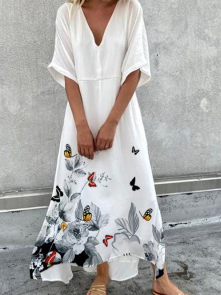 V Neck Printed Short Sleeve Casual Dress