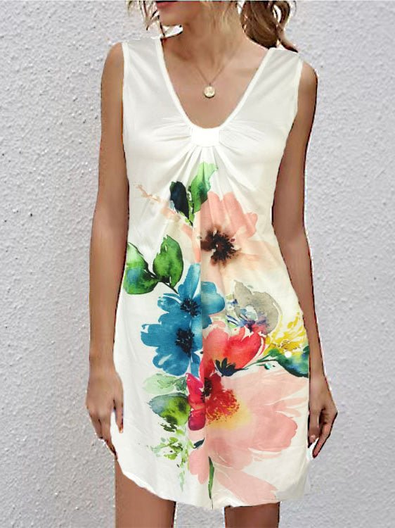 V Neck Printed Sleeveless Laidback Dress