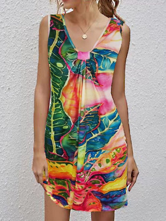 V Neck Printed Sleeveless Laidback Dress