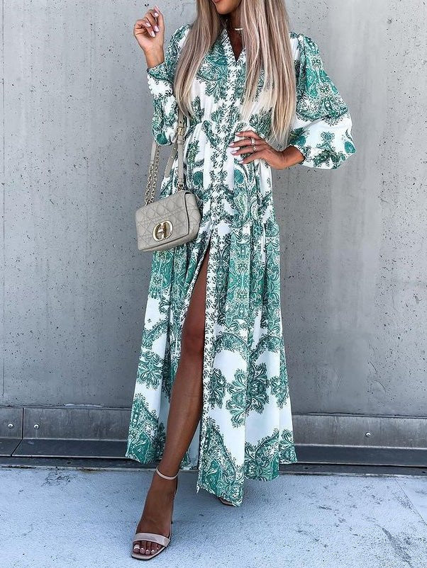 Timeless Print Long Sleeve Slit Dress