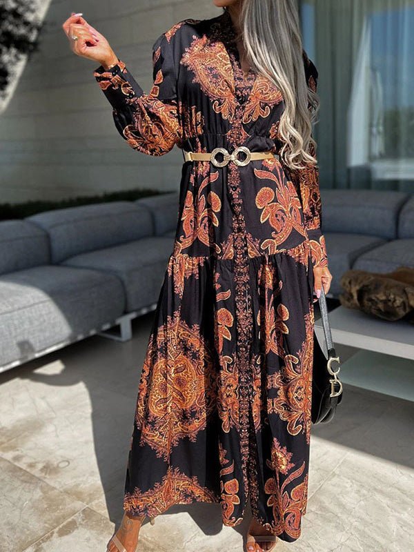 Timeless Print Long Sleeve Slit Dress