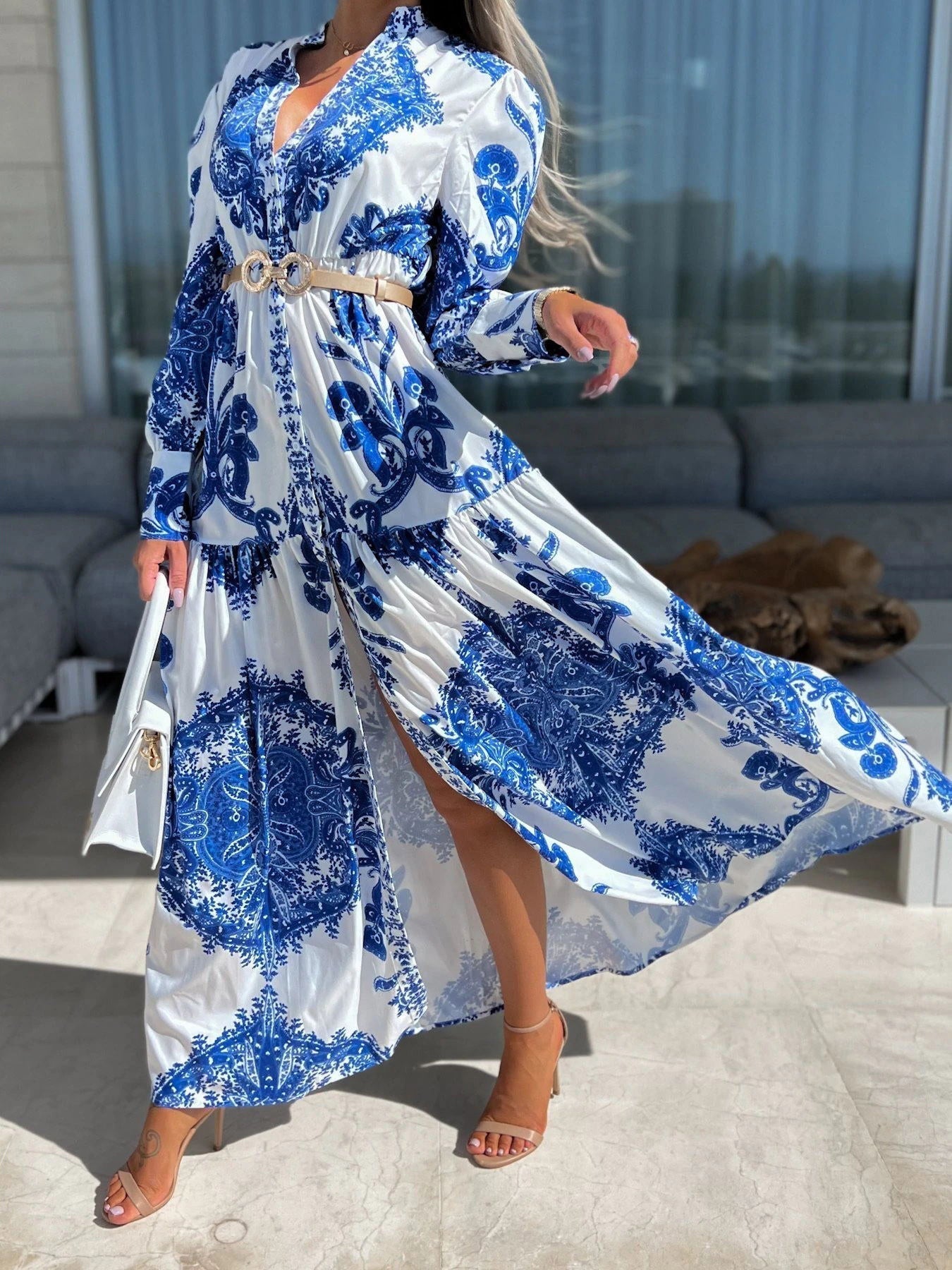 Timeless Print Long Sleeve Slit Dress
