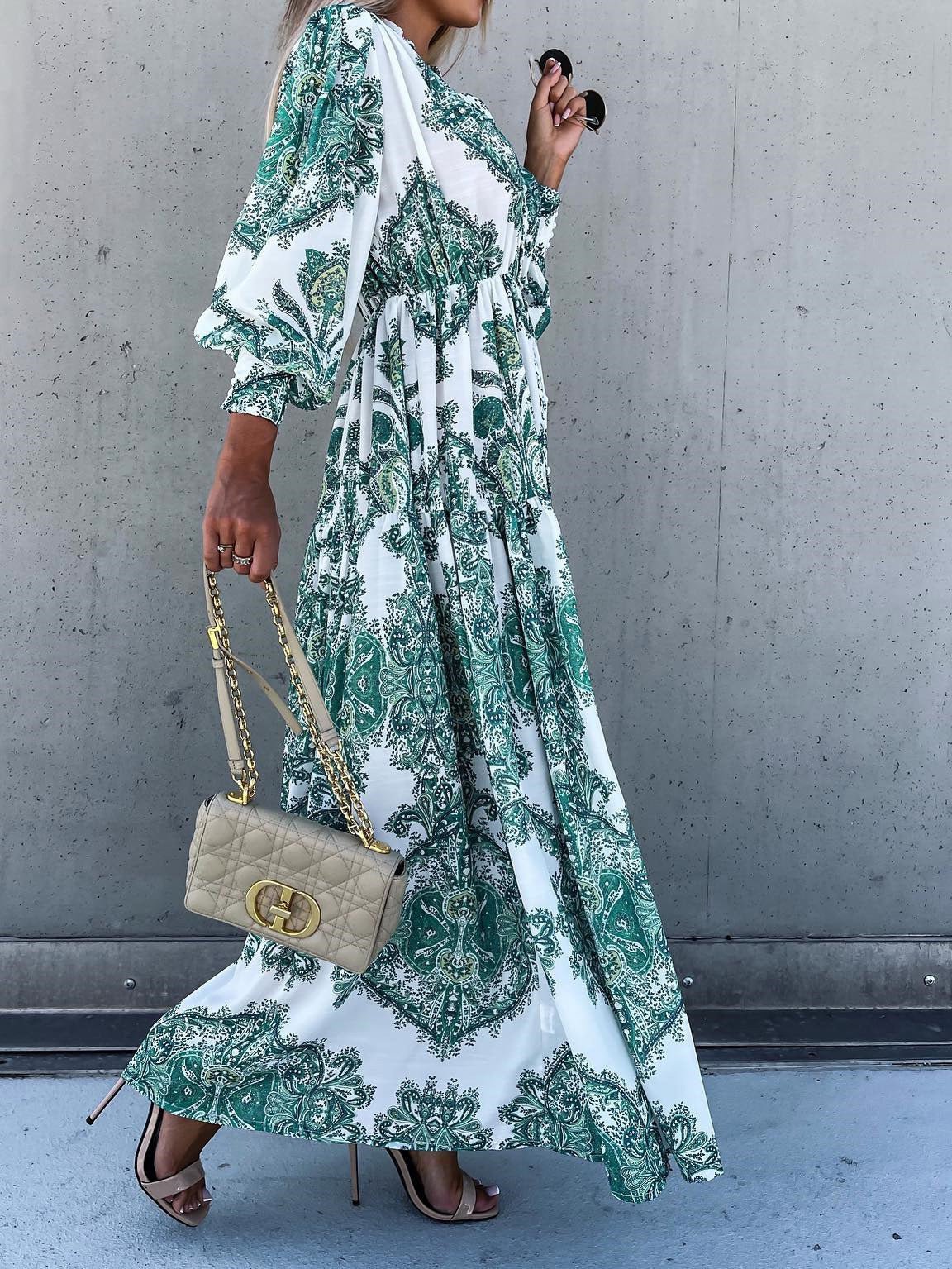 Timeless Print Long Sleeve Slit Dress