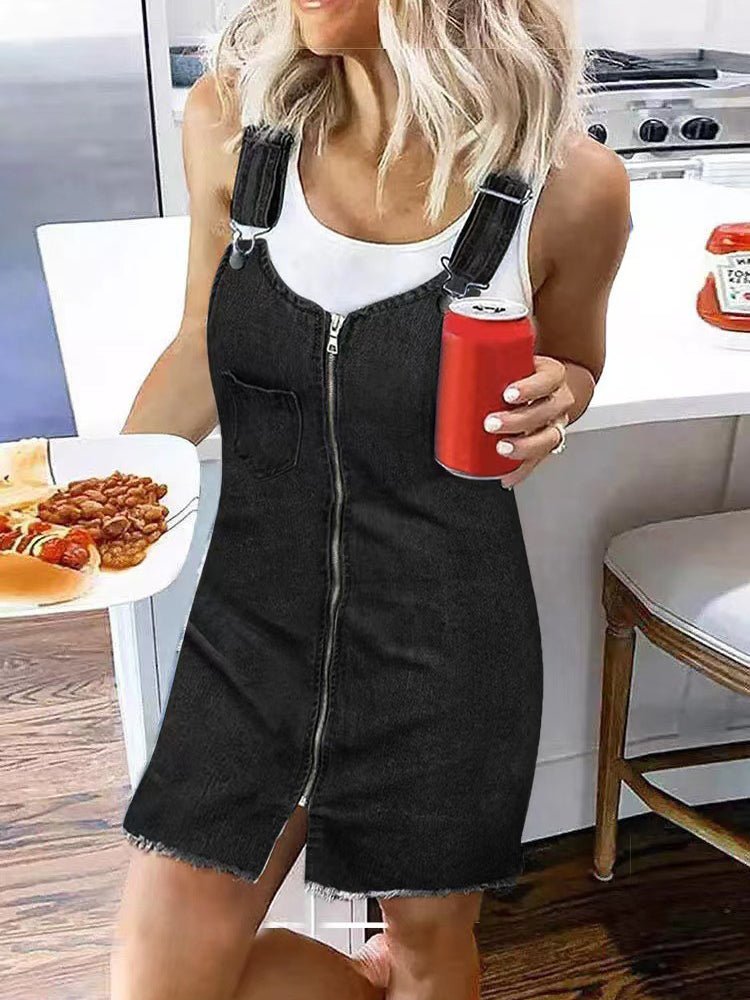 Pocket Zip Suspenders Strap Denim Dress