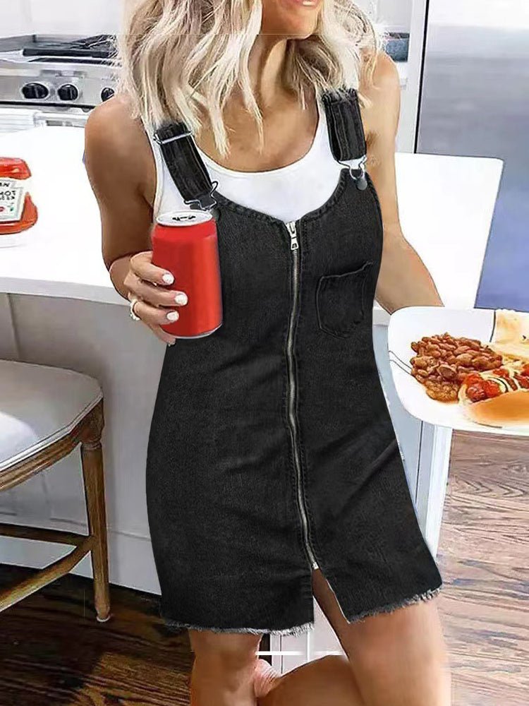 Pocket Zip Suspenders Strap Denim Dress