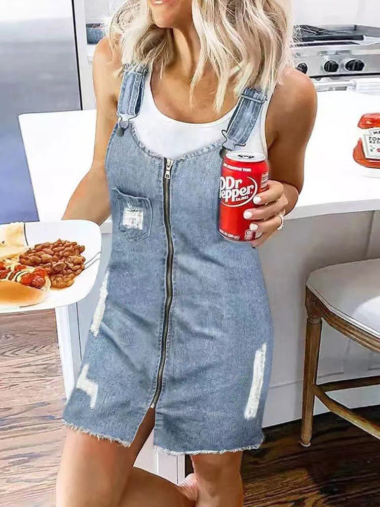 Pocket Zip Suspenders Strap Denim Dress