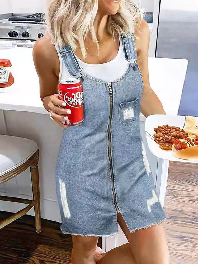 Pocket Zip Suspenders Strap Denim Dress