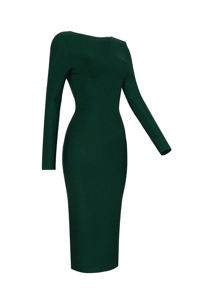 Back Zip Deep V Long Sleeve Cocktail Party Midi Dress - Emerald Green