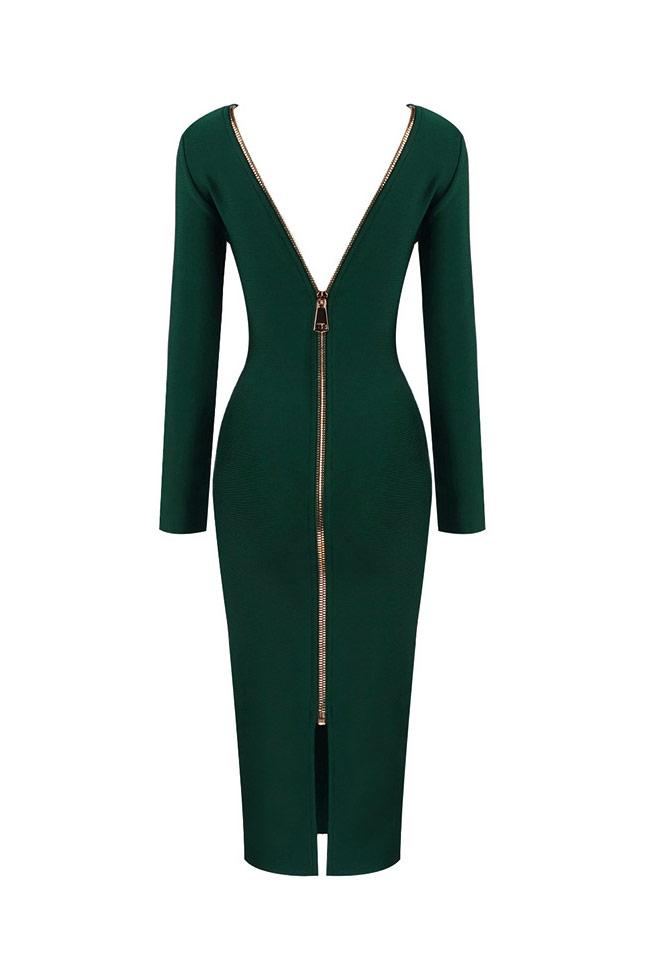Back Zip Deep V Long Sleeve Cocktail Party Midi Dress - Emerald Green